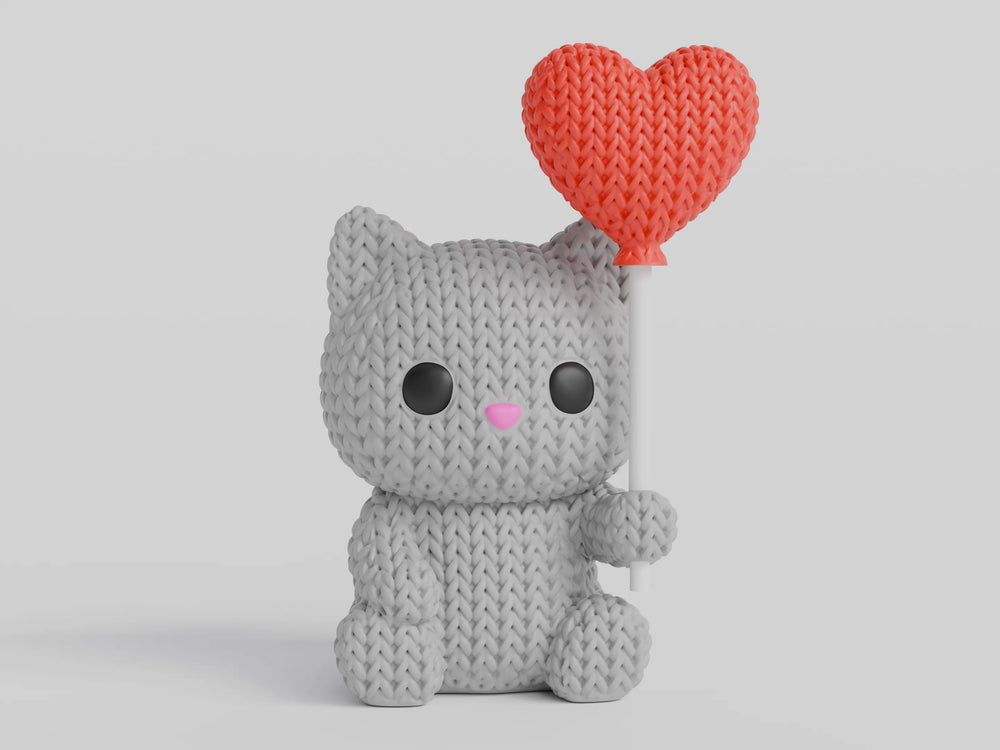 GESTRICKTE KATZE MIT HERZBALLON - VALENTINSTAG