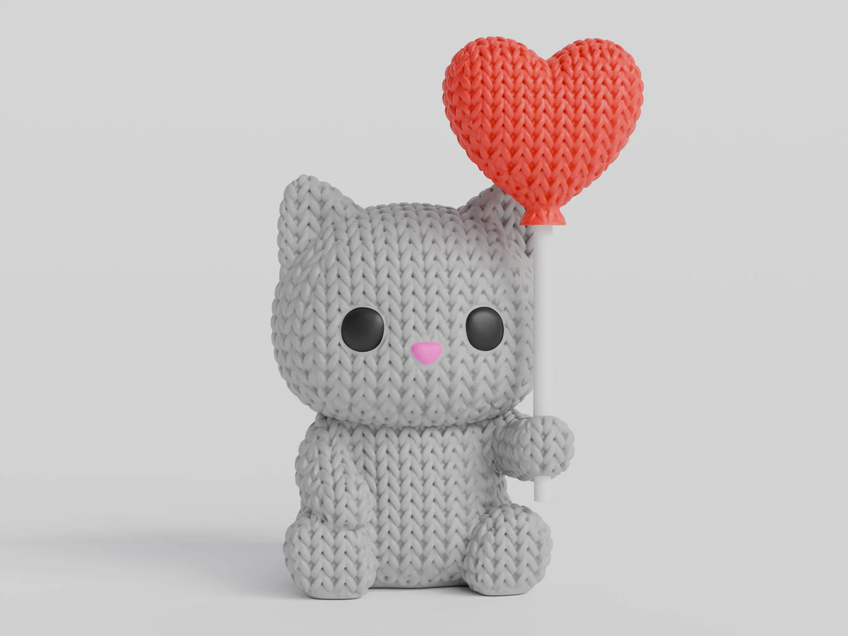 GESTRICKTE KATZE MIT HERZBALLON - VALENTINSTAG